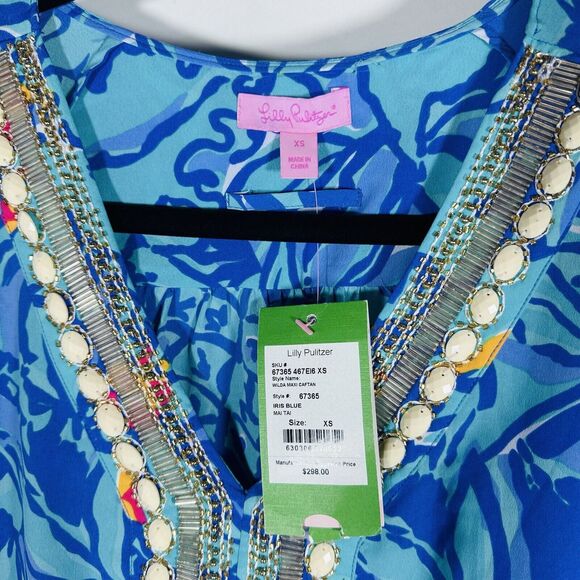 NWT Rare Lilly Pulitzer Wilda Maxi Caftan Iris Blue Mai Tai Size XS Missing Belt - Picture 7 of 11